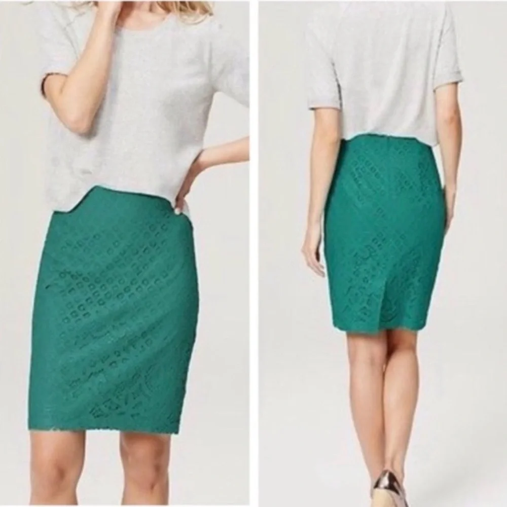 LOFT green teal lace pencil skirt